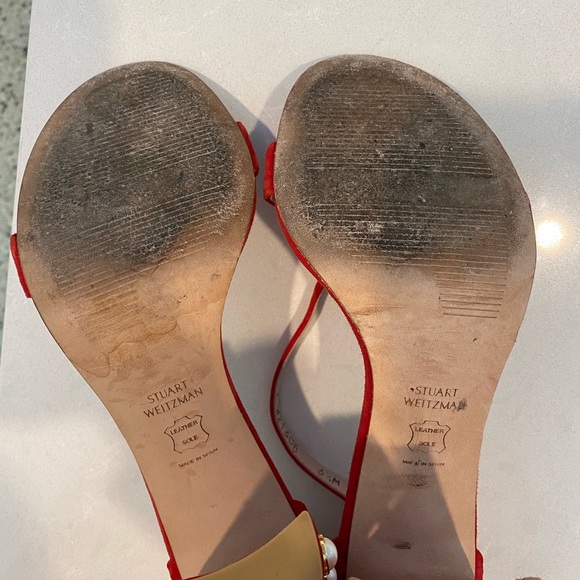 Stuart Weitzman red suede heels with pearls comfortable block heel worn TWICE!!! - Picture 5 of 7